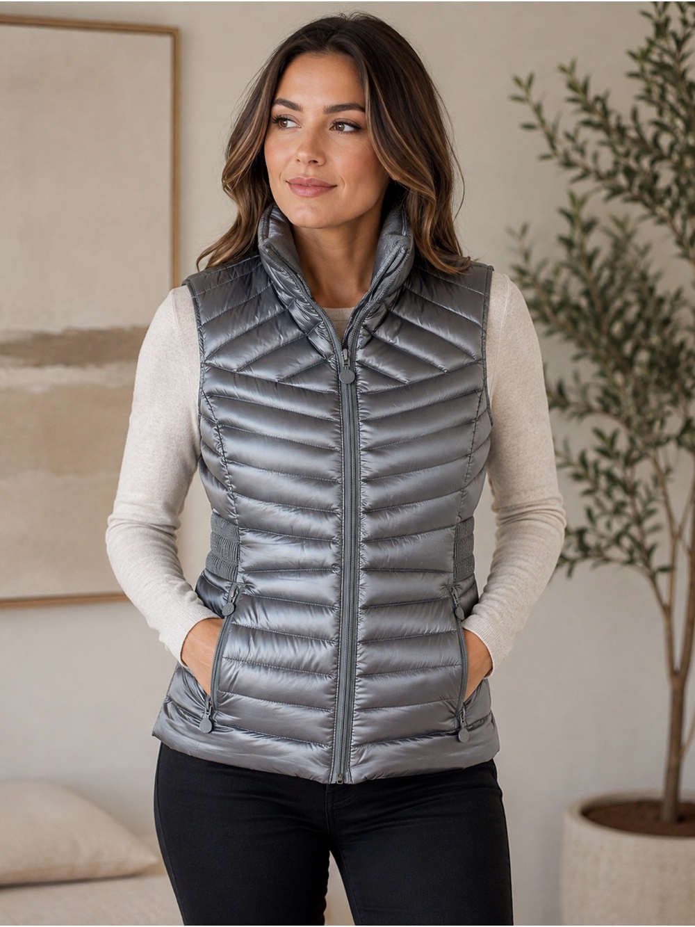 Bernardo Metallic Silver Quilted Puffer Vest Sporty Chic Y2K Luxury cozy chic